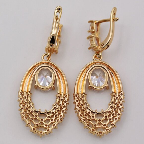 18K Yellow Gold Filled Geometric Modern Oval Diamond Zircon Drop Dangle Earrings - Picture 4 of 4